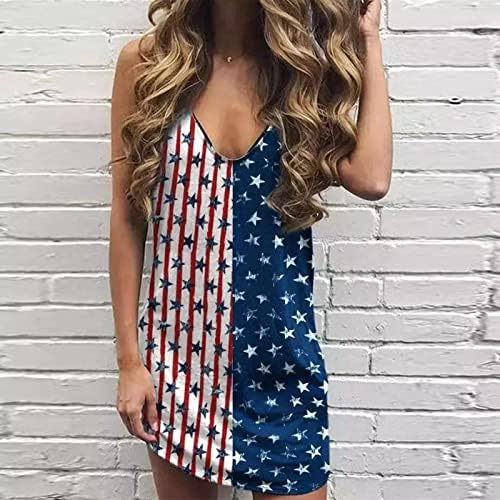 4th Temmuz Seksi Elbiseler Kadınlar için Gevşek Rahat Yaz Mini Elbise Kolsuz V Boyun Amerikan Bayrağı Yıldız Çizgili Plaj