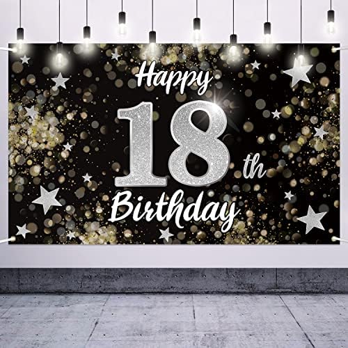 Nelbıırth Mutlu 18th Doğum Günü Siyah ve Gümüş Yıldız Büyük Afiş - Şerefe On Sekiz Yaşında Doğum Günü Ev Duvar Photoprop
