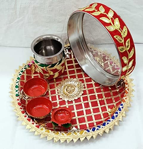 Paslanmaz Çelik El Yapımı Gotta Patti Çalışma Karwa Chauth 5 Adet Dekoratif Pooja Thali için Karwa Chauth ve Diwali tarafından