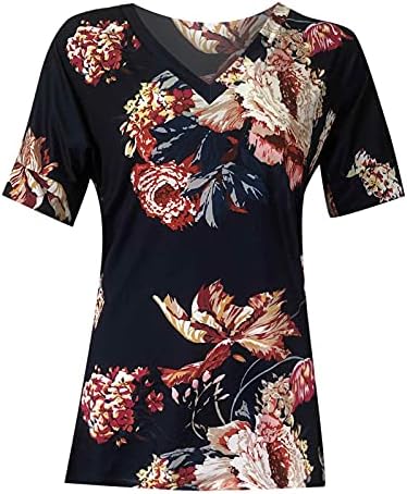 CGGMVCG Moda Kadınlar için Kısa Kollu Çiçek Baskı Bluz V Boyun Seyahat Gevşek Üst T Shirt Kadınlar için