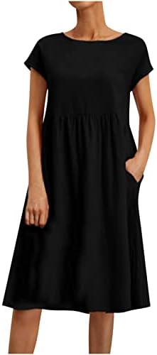 Kadın evaze elbise Katı Pamuk Keten Elbise Katmanlı Önlüklü Sundress Casual Kısa Kollu Salıncak Tunik üst giysi Cepler ile