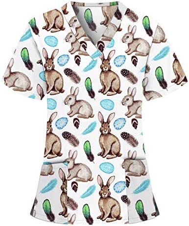 Bayan Moda Paskalya Scrub_Tops Kısa Kollu V Boyun T-Shirt Cepler ile Renkli Tavşan Baskılı Gömlek Tops
