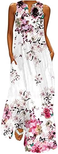 Kadın Vintage Maxi Elbise Kat Uzunluk Zarif Düğün Konuk Elbise Çiçek Kolsuz V Boyun Seksi Parti Elbise ile Cep