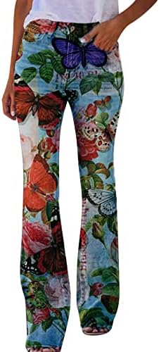 Kadın Rahat Gevşek Çiçek Baskı Pantolon Yüksek Bel Mikro Alevlendi Sıkıntılı Kot Düz Bacak Denim Pantolon Uzun Baskı Sıska