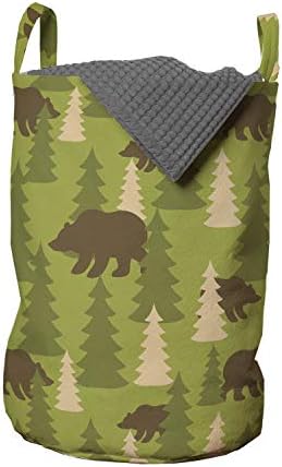 Ambesonne Woods Çamaşır Torbası, Çam Ağacı Ormanında Ayı ile Sürekli Desen, Kulplu Sepet Çamaşırhaneler için İpli Kapatma,