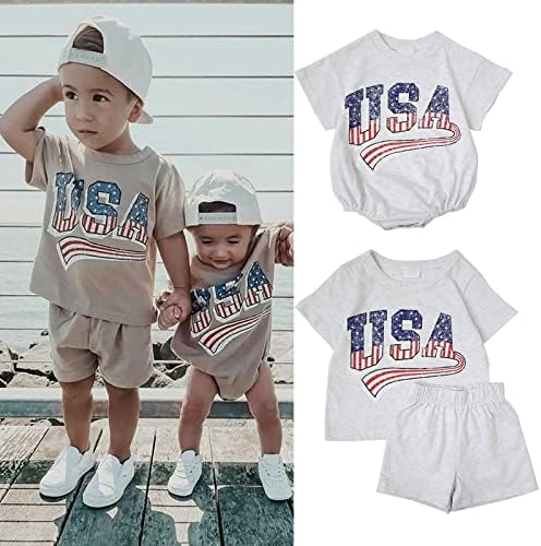 Toddler Erkek Bebek Kız 4th Temmuz Kıyafetler Bebek Büyük Boy ABD Romper Gömlek Şort Amerikan Bayrağı Eşleşen Giyim