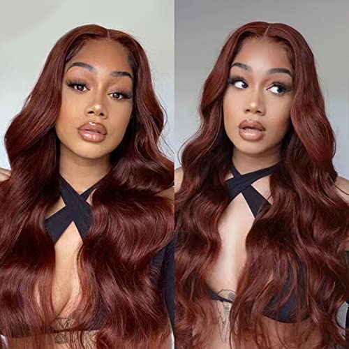 Kırmızımsı kahverengi vücut dalga dantel ön peruk siyah kadınlar için insan saçı 180 % yoğunluk koyu kumral renkli 13x4 HD