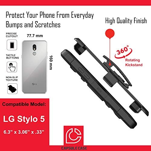 OYU Kılıf LG Stylo 5 ile Uyumlu [Çift Katmanlı Ağır Savaş Kemer Klip Darbeye Kickstand Kılıf Siyah Kılıf Kapak] LG Stylo