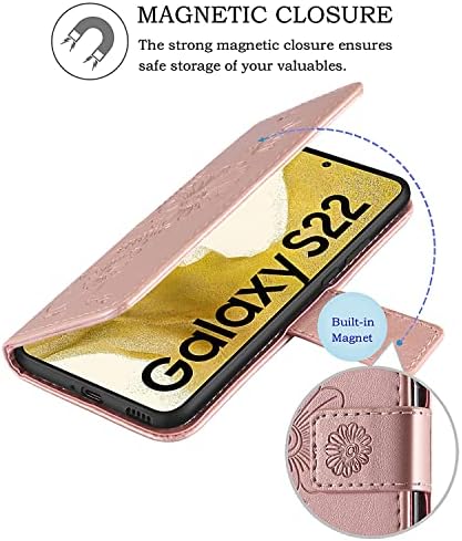kazineer Deri Cüzdan Kapak Telefon Kılıfı için Samsung Galaxy S22 5G, RFID Engelleme ile Kart tutucu Yuvaları (Gül Altın)