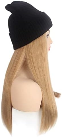YXBDN Moda Avrupa ve Amerikan Bayanlar Saç Şapka Bir Siyah Örme Şapka Peruk Uzun Düz Sarışın Peruk ve Şapka Bir