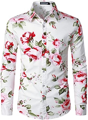 ZEROYAA erkek Hipster Çiçek Baskılı Uzun Kollu Pamuk Casual Düğme Aşağı Elbise Gömlek