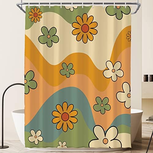 Vısıoun 70 s Sevimli Retro Papatya Çiçek Vintage Estetik Duş Perdesi Banyo için 60 W * 72 H İnç Renkli Soyut Trendy Groovy
