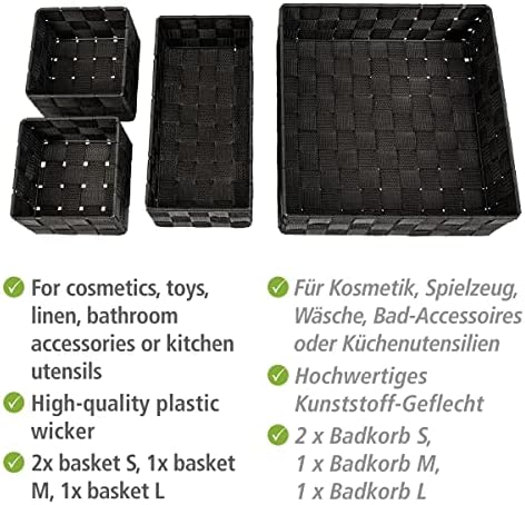 WENKO Adria banyo sepeti, siyah, 4 parçalı set, mutfak, banyo ve tüm ev için S, M & L boyutlarında organizasyon için güzel