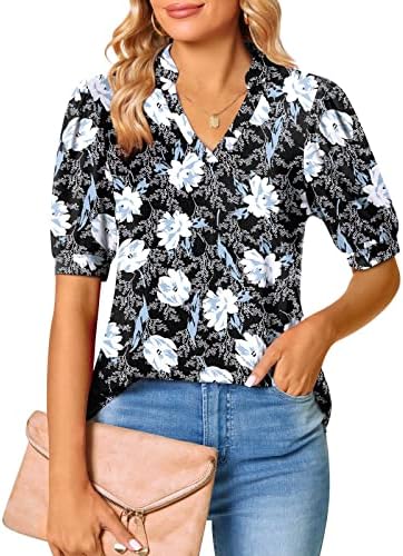 Yaz Casual Tops, bayan Moda Düz Renk V Yaka T-Shirt Puf Kısa Kollu Slim Fit Tees Gömlek Bluz Tunik