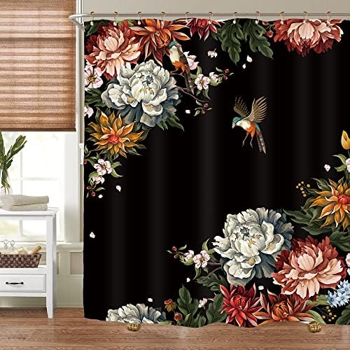 Miyotaa Siyah Çiçek Çiçek Duş perde seti 60 W x 71 H İnç Çiçeği Vintage Kuş Boho Bohemian Bahar Polyester Su Geçirmez Kumaş