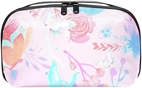 Taşıma çantası Seyahat kılıf çanta USB kablo düzenleyici Cep Aksesuar Fermuar Cüzdan, Pembe Çiçek Gül Çiçek Kelebek