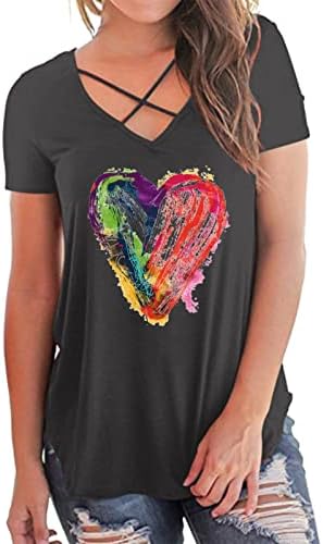 MIASHUI Kollu Gömlek Kadın Rahat Yaz V Boyun Kısa Kollu Renkli Kalpler Baskı Tunik Üst Konfor Bluz Temelleri
