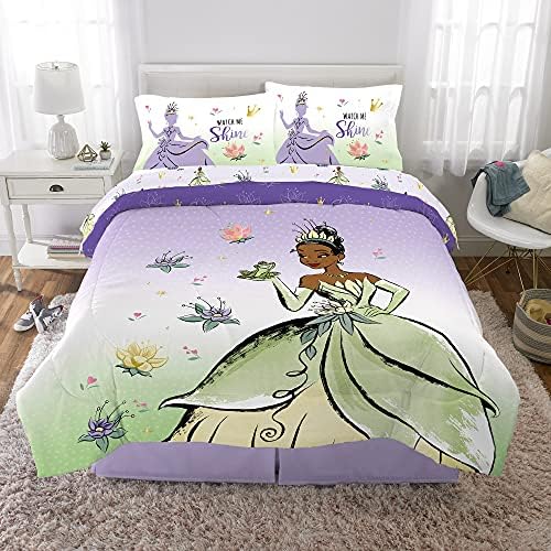 Disney Prenses Tiana çocuk yatağı Süper Yumuşak Mikrofiber Yorgan Ve Çarşaf Seti, 5 Adet Tam Boy, Resmi Disney Ürünü Franco