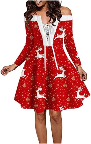 Noel kadın Mini Salıncak Elbiseler 1950s Vintage Çay Elbise Seksi Lace up Peluş Yaka Off-Omuz Parti Törenlerinde
