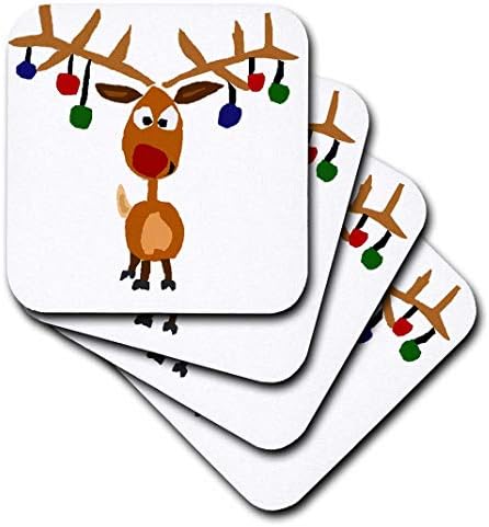3dRose Komik Rudolph Kırmızı Burunlu Ren Geyiği Noel Sanatı-Yumuşak Bardak Altlığı, 8'li Set (CST_200101_2)