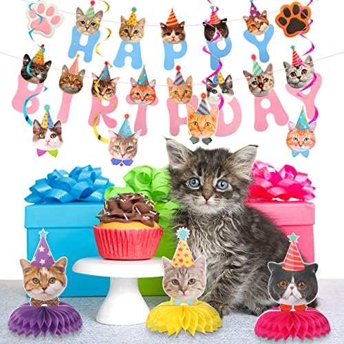 16 Pcs Kedi Tema Doğum Günü Parti Süslemeleri Parti Malzemeleri Kiti, İçerir Kedi Parti Banner ile 6 Kedi Asılı Kesikler