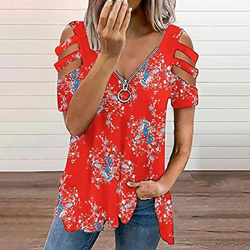 lcepcy kadın Soğuk Omuz Kesme T Shirt Zip V Boyun Kısa Kollu Tees Çiçek Baskı Bluz 2023 Casual Tunik Üstleri