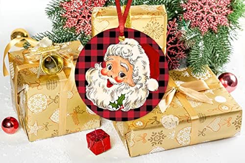 Vintage Noel Baba Noel Süs Kırmızı Siyah Buffalo Ekose Seramik Süs 3 İnç Yuvarlak Porselen Süs için Noel Ağacı Asılı Hatıra