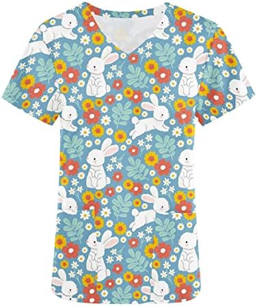 Bluz T Shirt Kız Kısa Kollu V Boyun Gökkuşağı Çiçek Sevimli Hayvan Tavşan Cosplay Çalışma Ofisi Anatomi Fırçalayın Üst OA