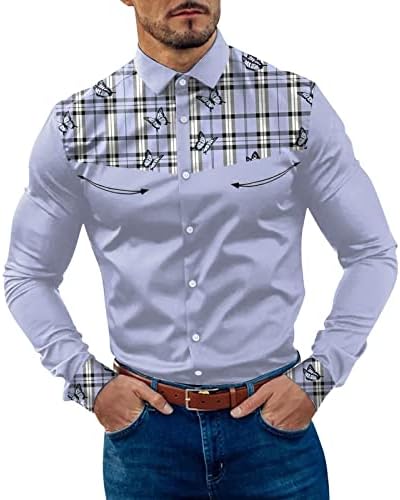 XXBR erkek Casual Gömlek,Colorblock Patchwork Çizgili Ekose Uzun Kollu Düzenli Fit Düğme Manşetleri Gömlek Erkekler için