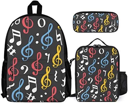 DamTma Renkli Doodle Müzik Not Sırt Çantası 3 Parça Set Bookbag ve Öğle Yemeği Kutusu Set Laptop Sırt Çantası ile Ön Zip