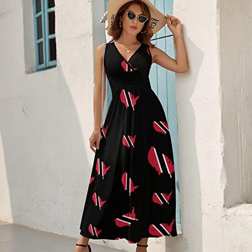 Trinidad ve Tobago Bayrağı Amerikan Haritası kadın Kolsuz V Boyun Yaz Uzun Elbise Plaj Maxi Elbiseler