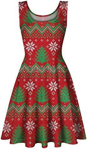 Noel Kolsuz Elbise Kadınlar için Kar Tanesi Baskılı Elbise Kare Boyun A-Line Elbiseler Noel Rahat Tankları Midi Elbise
