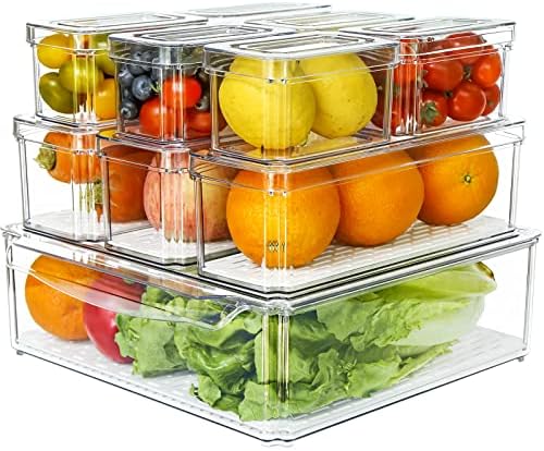 Shopwithgreen Şeffaf Buzdolabı Organizatör Kutuları, Kapaklı 10 ADET İstiflenebilir Gıda Depolama Organizatörü, Buzdolabı,