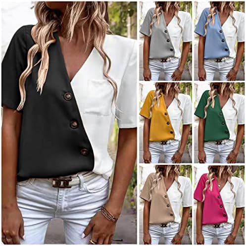 Nxxyeel kadın Zarif Bluz Düğmesi V Yaka Kontrast Renk Kısa Kollu Bluzlar Yaz Rahat Gevşek Gömlek Üst