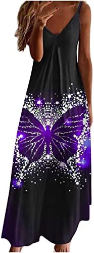 Boho Elbise Kadınlar için Rahat Yaz Seksi Ayarlanabilir Spagetti Kayışı Kelebek Baskı Sundress Uzun Maxi Cover Up Elbise