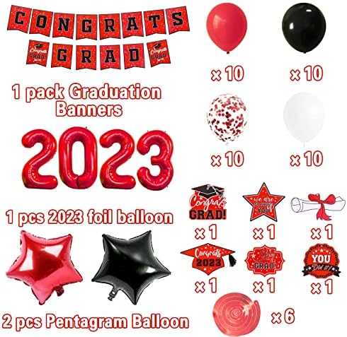 Mezuniyet Partisi Dekorasyon Malzemeleri Seti, 2023 Folyo Balon Girdapları, 24 Kırmızı Yemek Takımı Tek Kullanımlık Kağıt