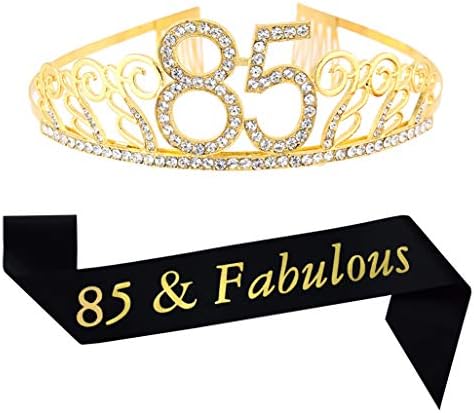 85th Brithday Altın Tiara ve Kanat, Glitter Saten Kanat ve Kristal Rhinestone Doğum Günü Taç için Mutlu 85th Doğum Günü Parti