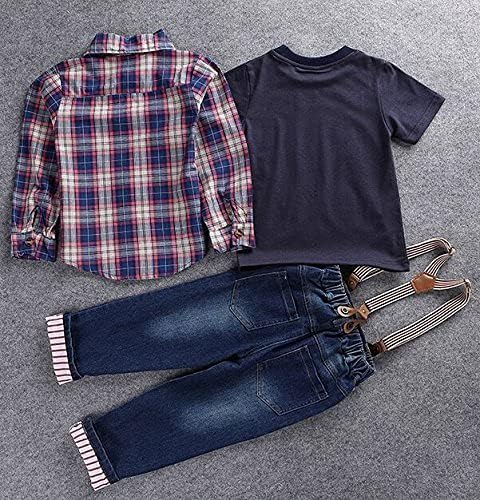 LUKYCİLD 3 T Erkek Giysileri erkek Bebek Takım Elbise Ekose Gömlek + araba baskılı tişört + Kot 3 adet (Koyu Mavi, 2 Yıl)